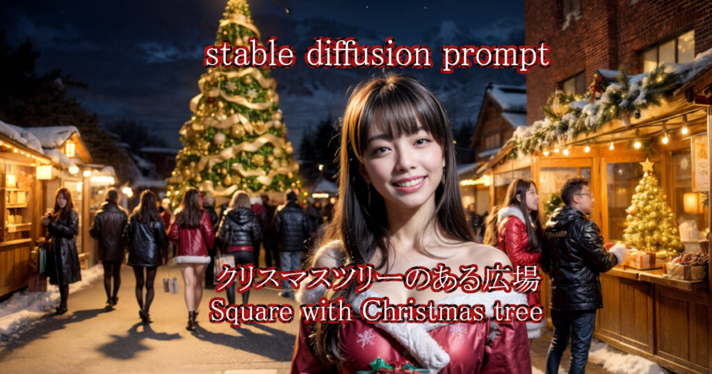 クリスマスの夜。広場のセンターに大きなクリスマスツリーの前で笑顔で立っている女性をstable diffusionのプロンプト・呪文により描かれたリアルなAI生成画像。