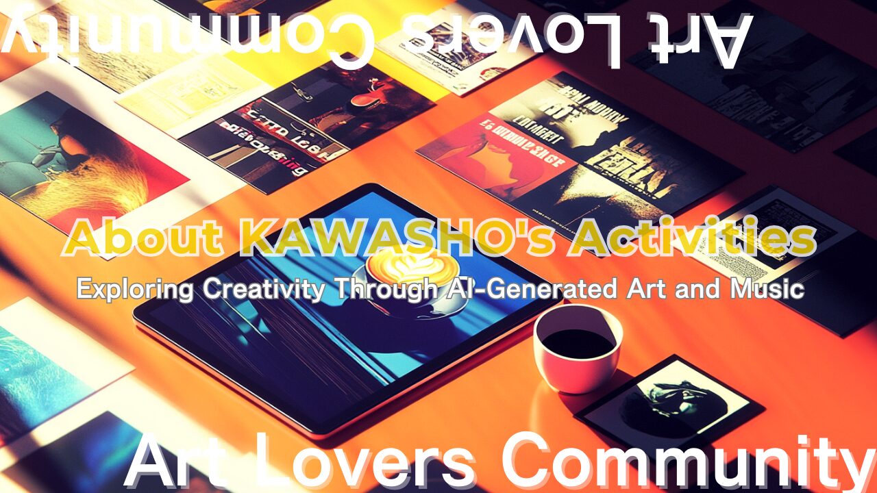 KAWASHOの活動を紹介するビジュアル、AI生成アートと音楽をテーマにしたデザイン、明るいオレンジの背景に配置されたデジタルアートやコーヒーカップが特徴的。『Art Lovers Community』のロゴと『About KAWASHO's Activities』というテキストが目立つデザイン。