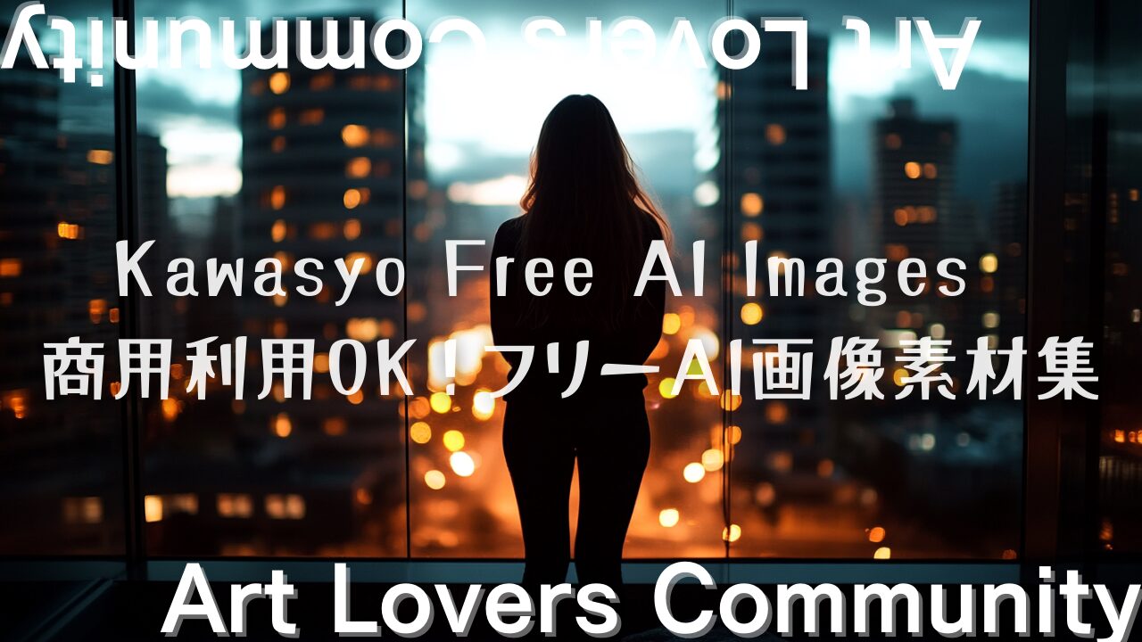 「Kawasyo Free AI Images – 商用利用OK！フリーAI画像素材集」 夜景のガラス越しにシルエットで映る女性。「Art Lovers Community」 のコンセプトを表現する幻想的なビジュアル。 都会の光がきらめく背景と共に、AI画像素材を無料で提供するサイトの魅力を伝えるデザイン。