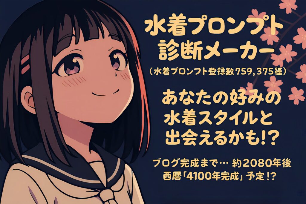 セーラー服姿で微笑む妹系のキャラクターとともに、「水着プロンプト診断メーカー(登録数759,375種)あなたの好みの水着スタイルと出会えるかも!? ブログ完成まで…約2080年後、西暦4100年完成予定!?」と描かれたポップで可愛いアイキャッチ画像。