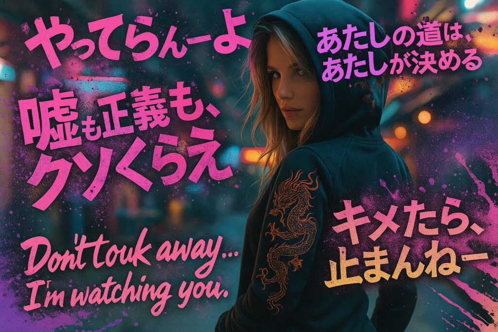 ドラゴンの刺繍が入った黒いパーカーを着た女性が、ネオンの街を背に振り返る。背景にはスプレーアート風に、日本語と英語の力強いメッセージが描かれており、ピンクと紫の爆発的なグラフィティデザインが印象的なビジュアル。