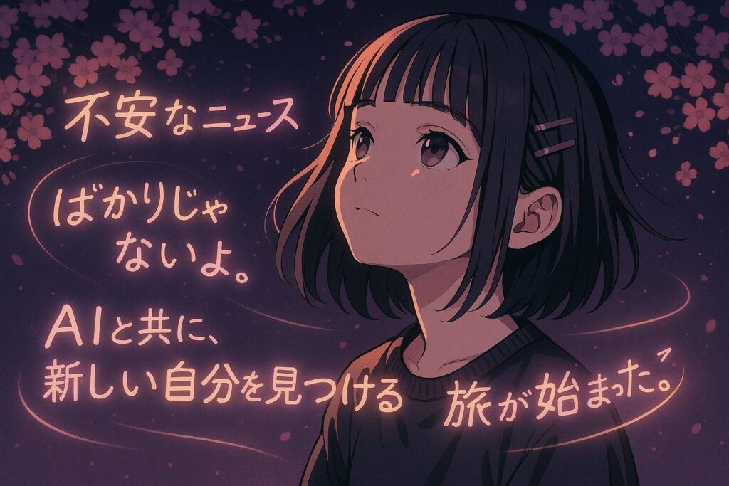 桜が舞う夜空の下、前を見つめる少女。左側に詩のようなメッセージが光って浮かび、「不安なニュースばかりじゃないよ。AIと共に、新しい自分を見つける旅が始まった。」という前向きな言葉が添えられている。