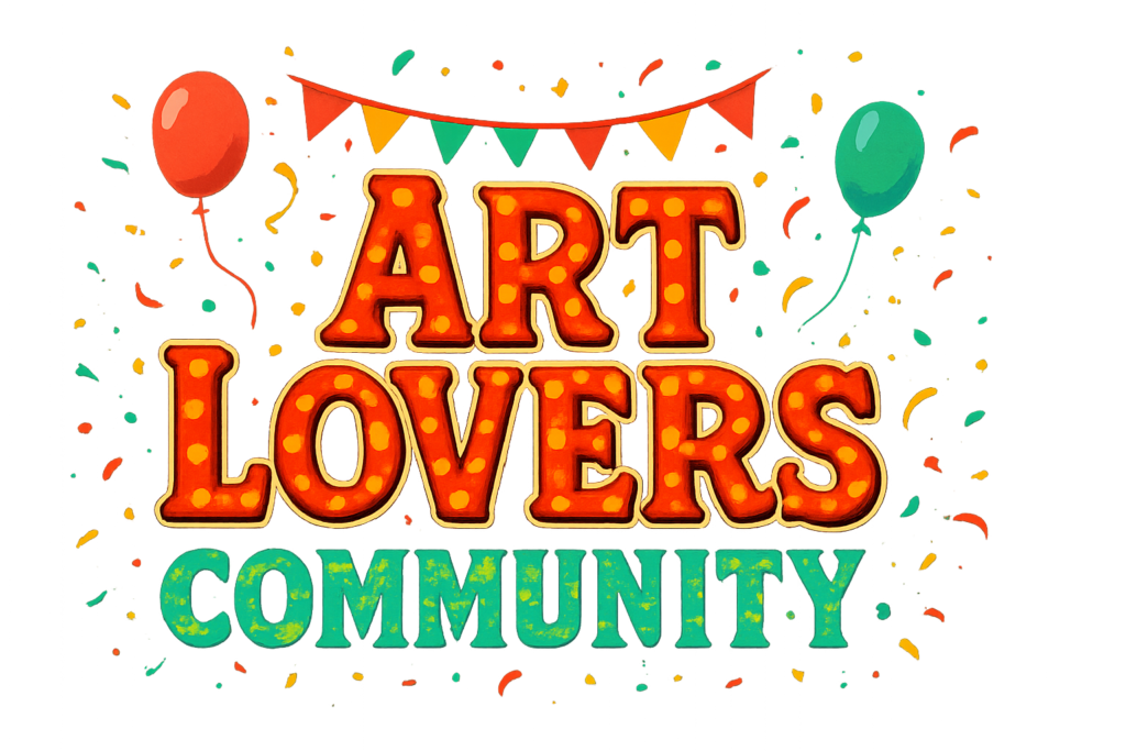 黒背景にカラフルな紙吹雪と風船、ガーランドが散りばめられた中、「ART LOVERS COMMUNITY」という文字がサーカス風のライト付き赤文字とグリーンの立体文字で華やかに描かれている。ポップでお祭りのような雰囲気。