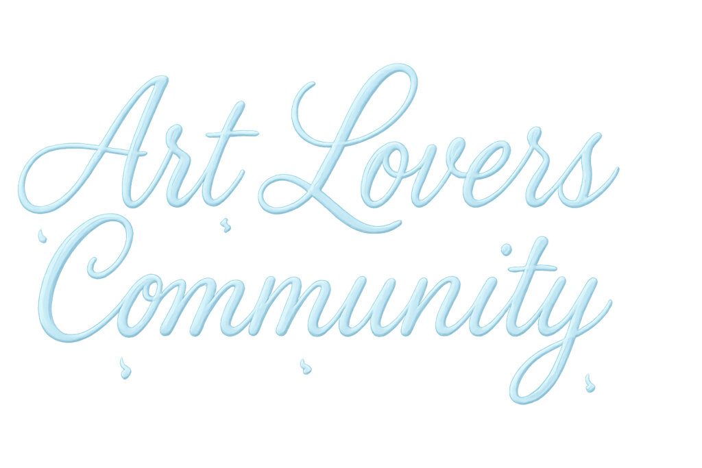 黒い背景に、水色で筆記体の「Art Lovers Community」という文字が光の粒のようにきらめきながら描かれている。文字は細く繊細で、雨粒や涙のように静かに輝いている。