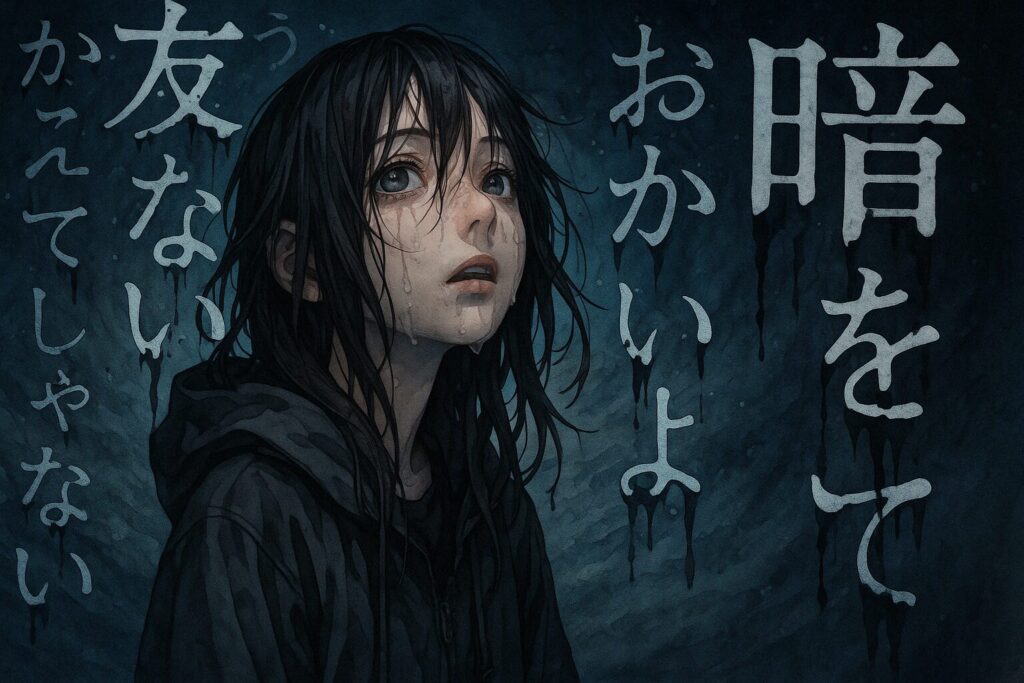 雨に濡れた少女が暗いブルーの背景の中、涙を流しながら立っている。背景にはにじんだホラー風の日本語の文字が書かれており、全体に湿った恐怖と哀しさが漂っているポスター風アート。