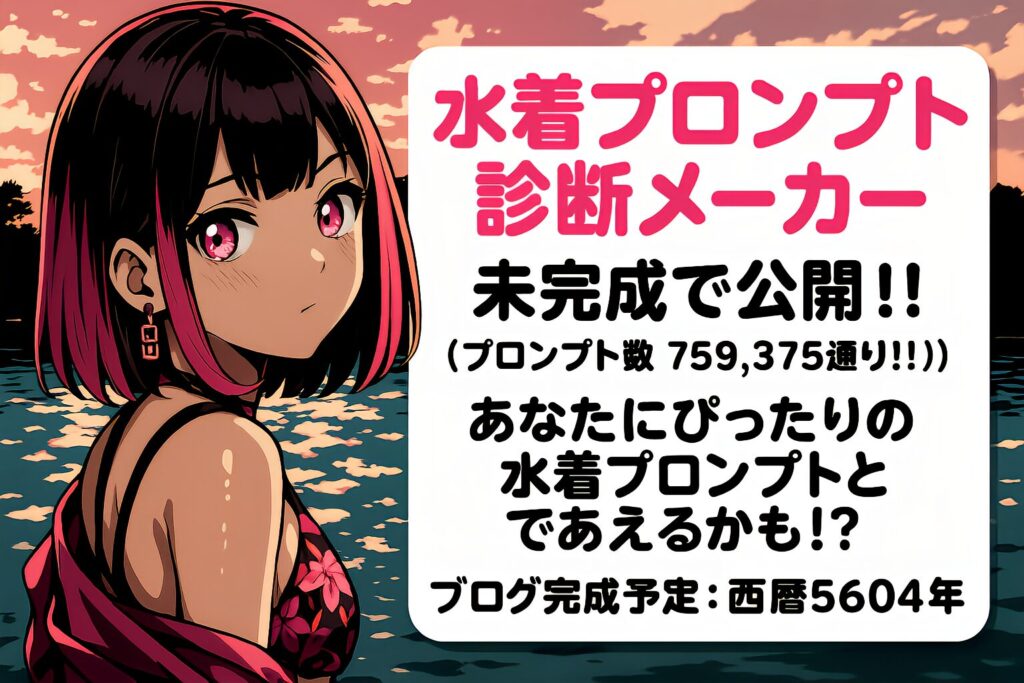 ピンクメッシュのボブヘアの女の子が水辺に座りながら、画面右側に「水着プロンプト診断メーカー 未完成で公開!!(プロンプト数759,375通り) あなたにぴったりの水着プロンプトとであえるかも!? ブログ完成予定:西暦5604年」と書かれた診断風ポスター。