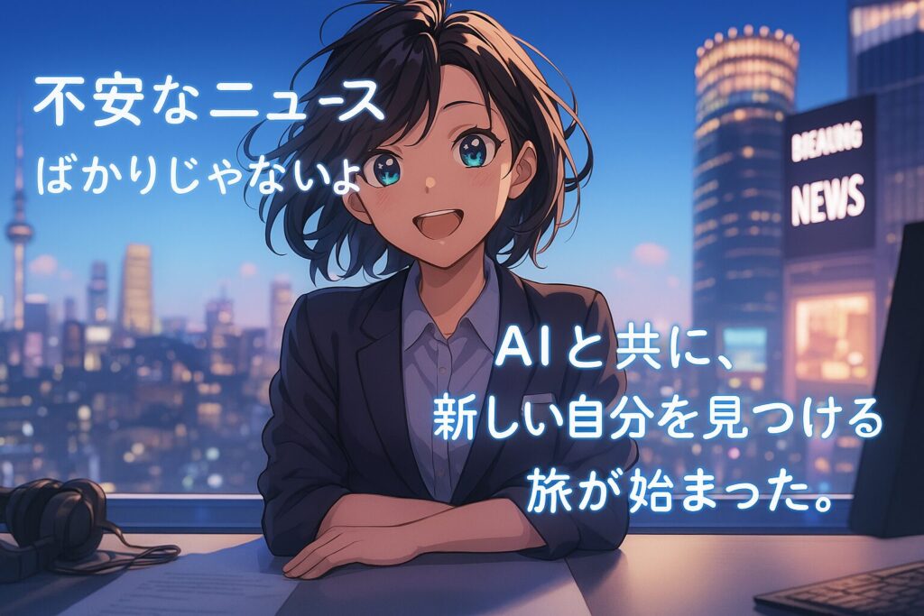 ネオンの街を背景に、スーツ姿の笑顔の女性がデスクに手を置いてこちらを見ている。画面には「不安なニュースばかりじゃないよ」「AIと共に、新しい自分を見つける旅が始まった。」というメッセージが青く光って表示されている。