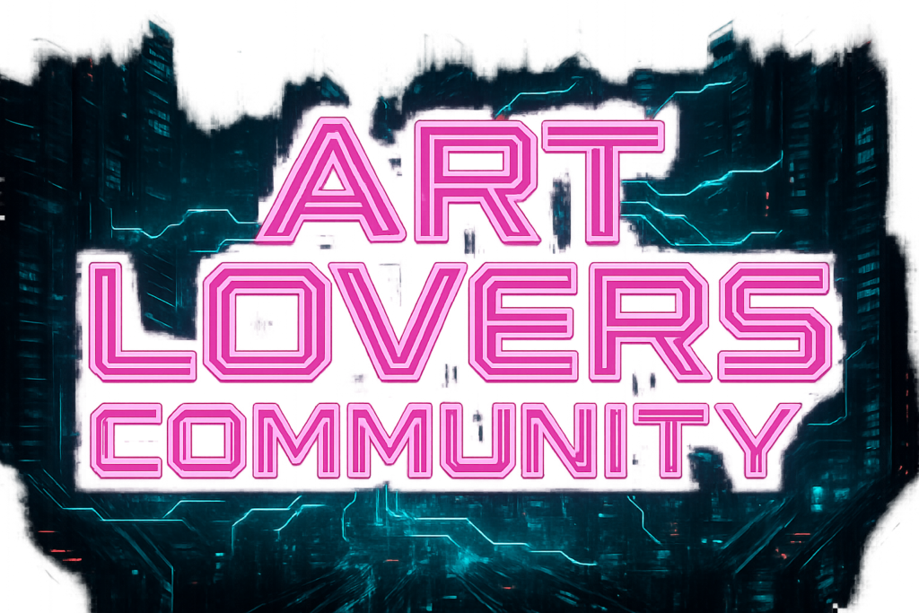 サイバーパンク風の都市背景に、ピンクのネオン文字で「ART LOVERS COMMUNITY」と描かれている。文字は幾何学的で角ばったフォント、背景には電気回路のような模様が走り、未来的な雰囲気を強調している。
