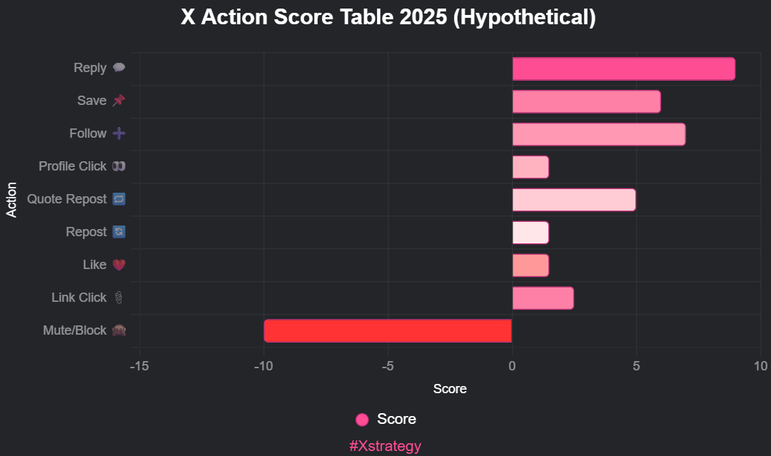 Bar chart visualizing X Action Score Table 2025 (hypothetical) including scores for Reply, Save, Follow, and Mute/Block