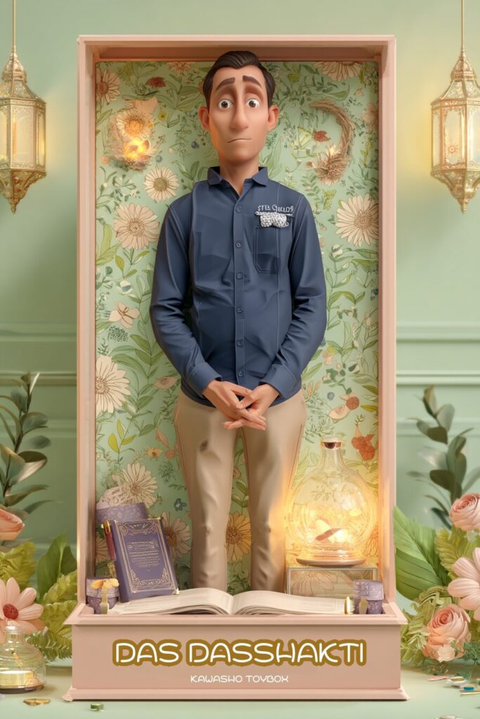 静かで上品な男性キャラクターの3Dトイ|DAS DASSHAKTIと記されたプレミアムトイボックスに収まり、花柄背景と知恵の小物に囲まれた落ち着いた雰囲気の展示風デザイン