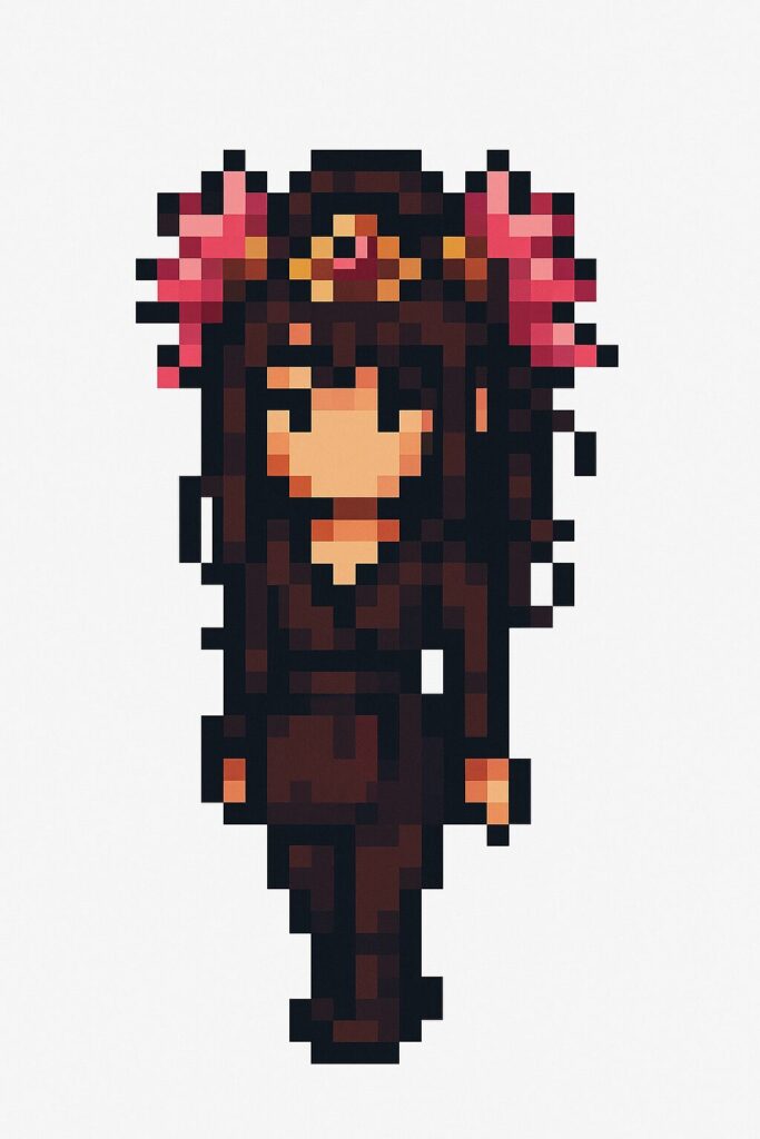 白背景の16-bit RPG風ピクセルスプライト。ピンクの花とゴールドの髪飾りが特徴的な少女キャラで、黒い服とブーツを着た全身立ちポーズ。読みやすいドット表現でシンプルに構成されている。