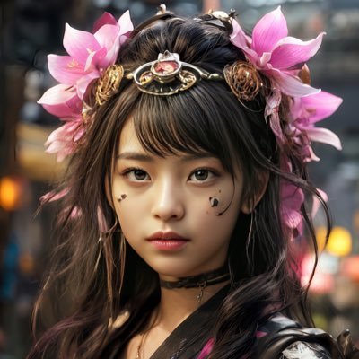 美しい日本人風の女の子、花飾りのあるファンタジー風スタイル
