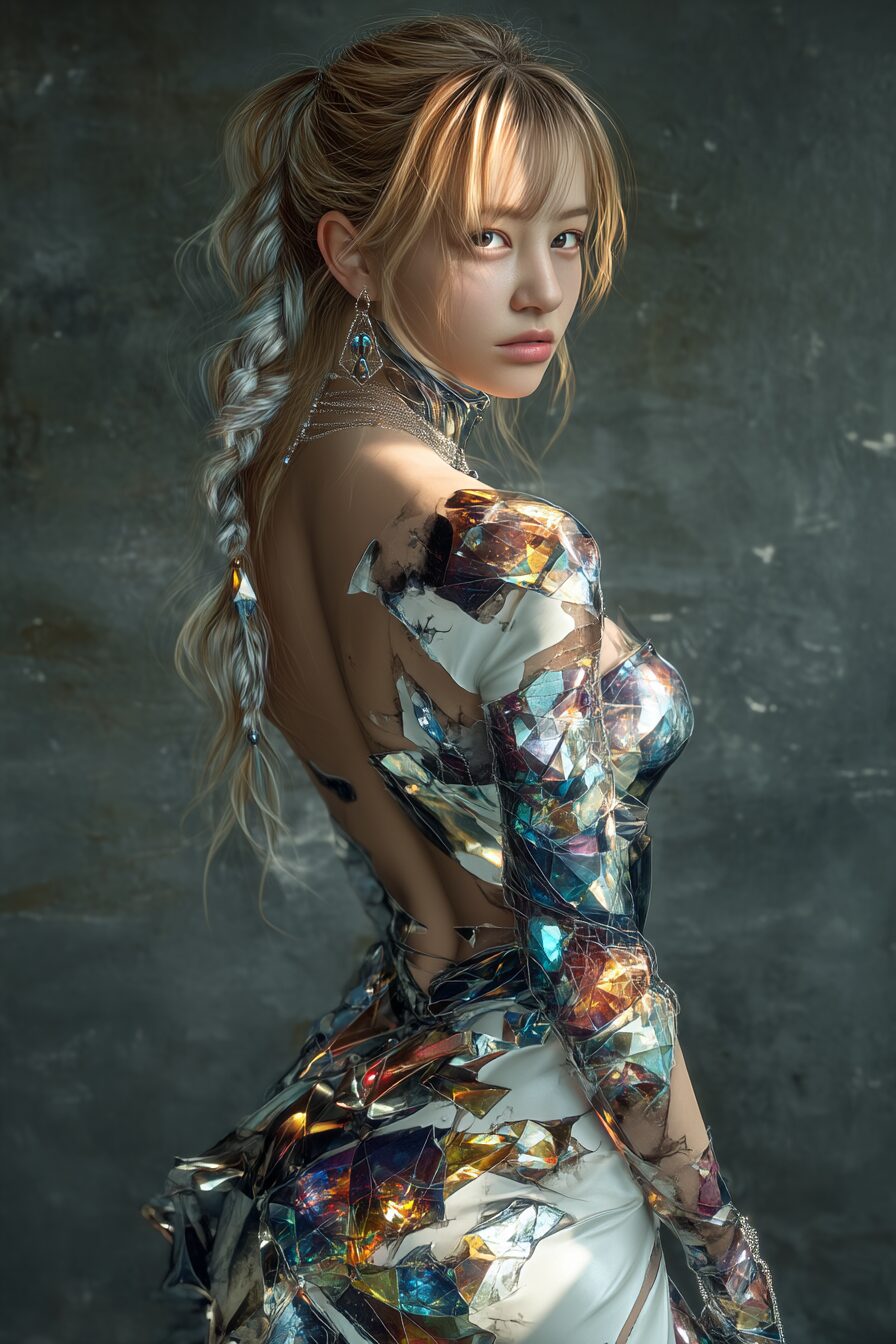 背中を見せる美しい女性。カラフルなクリスタル質感のドレスをまとったAI生成画像。