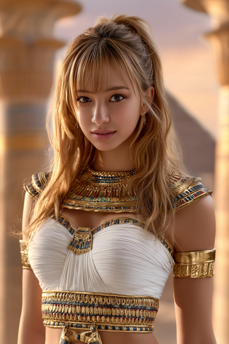 Ancient Egypt fashion: pleated linen kalasiris, usekh collar, gold cuffs, wig, kohl eyeliner