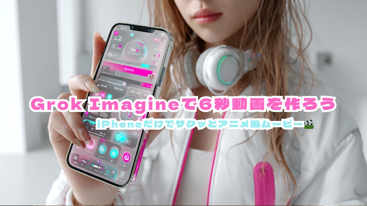若い女性がiPhoneを持って画面を見つめている。スマートフォンにはカラフルなアプリ画面が表示されていて、「Grok Imagineで6秒動画を作ろう」という文字が重なっている。