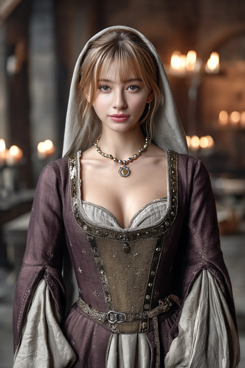 Medieval Europe fashion: fitted kirtle, cotehardie, sideless surcoat with long tippets, wimple