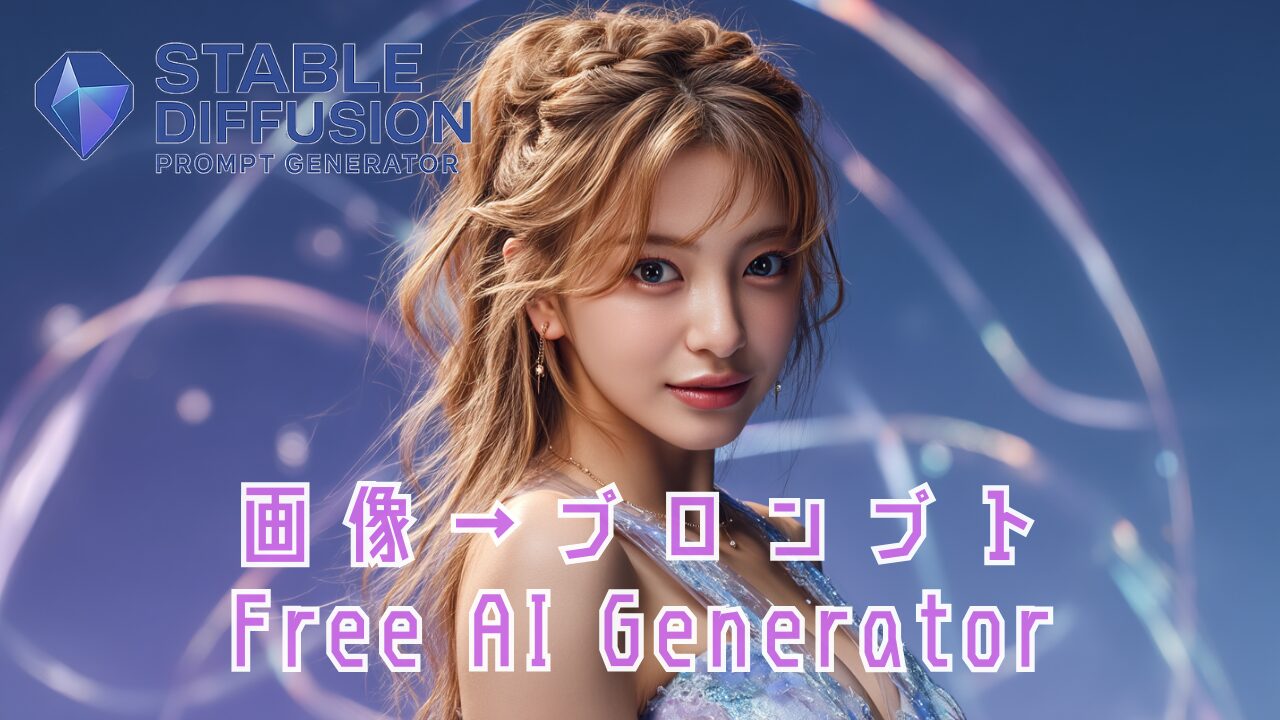 キラキラ光る青いドレスを着た、スタイリングされた明るい茶色の髪をした美しい若い女性のクローズアップポートレート。背景にはボケ効果のある柔らかく輝くものがあり、「安定した拡散プロンプトジェネレーター - イメージからプロンプトを作成する無料AIジェネレーター」というテキストがオーバーレイされています。