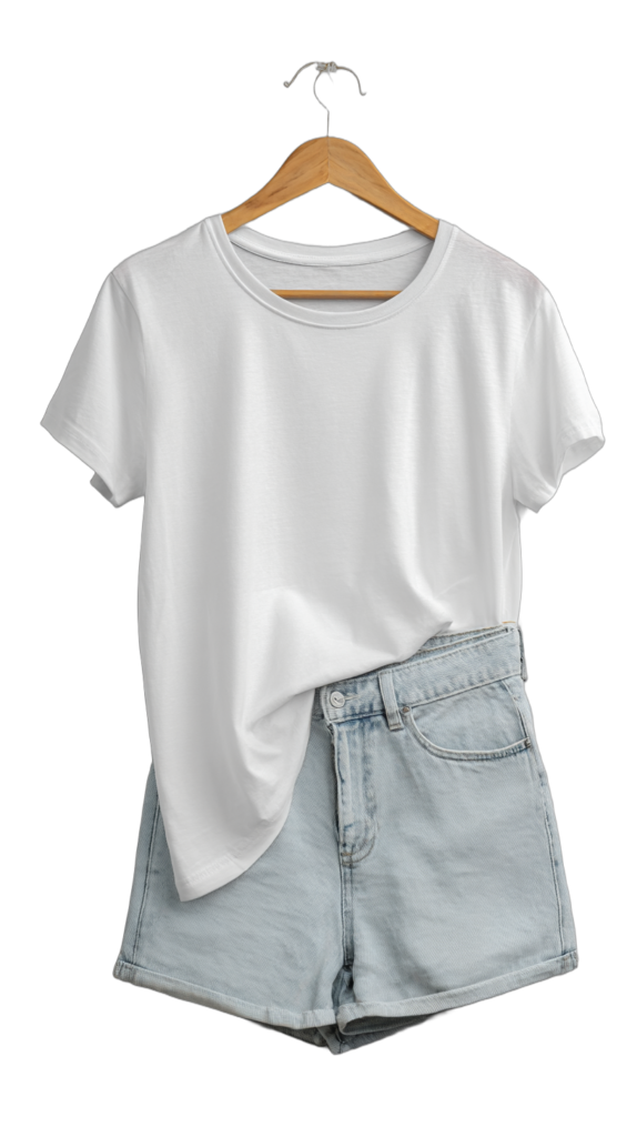 参照画像の白いTシャツとライトデニムショーツ 壁に掛けられた服のセット