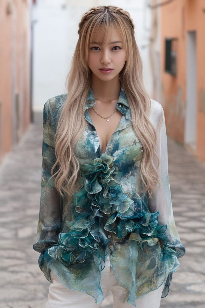 A woman with a hime cut and a braided headband.