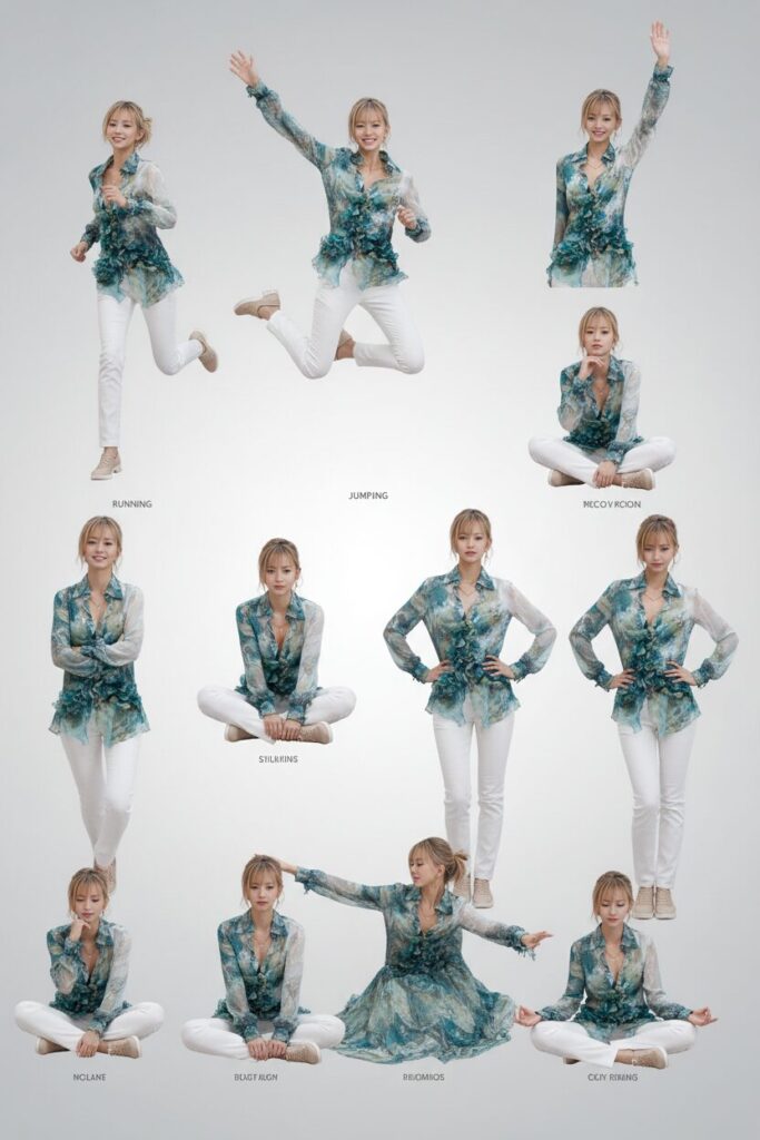 A sheet showing a woman in various poses.