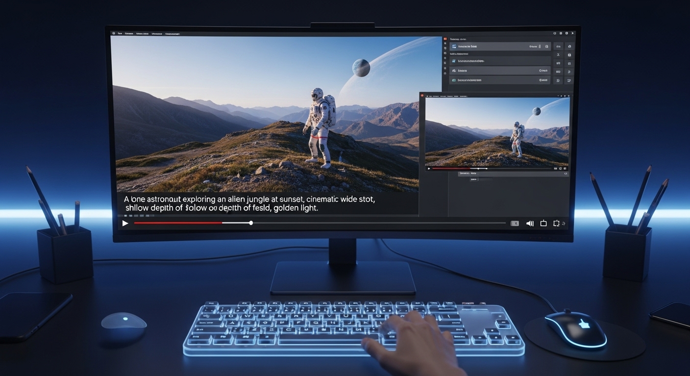 テキストプロンプトから生成されたフォトリアル動画を超ワイドモニターで確認する未来的なワークスペースのイラスト