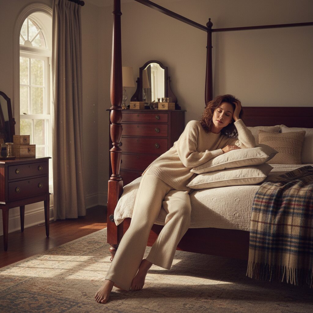 COZY HERITAGEスタイルのお洒落な寝室で、オートミール色の上下カシミアニットを着てリラックスする30代前半の日本人女性。大きな窓から自然光が差し込み、ダークウッドの家具とチェック柄のブランケットが温かみを添えている、プロのファッション撮影のような一枚。