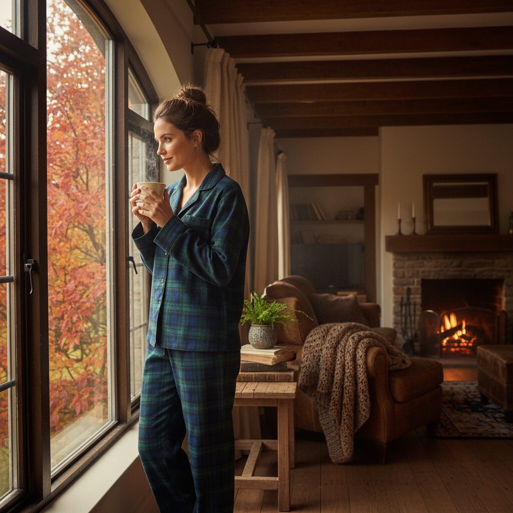 ネイビーとグリーンが基調の伝統的なタータンチェック柄フランネルパジャマを着て、マグカップを片手に窓の外の紅葉を眺める20代後半の女性。ナチュラルで温かみのある朝の光が差し込む、居心地の良い部屋でのワンシーン。