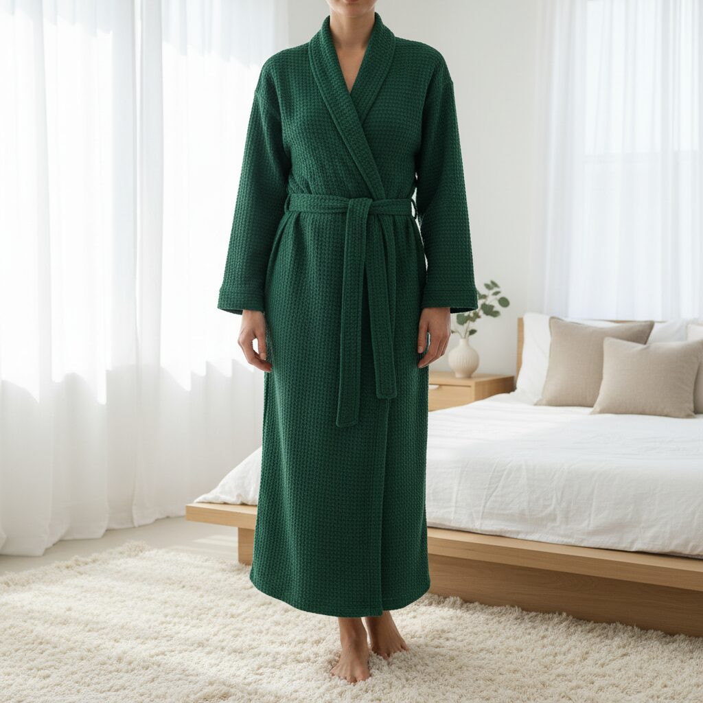 深いフォレストグリーンのワッフル素材ロングガウンを羽織り、明るく開放的な寝室のフカフカしたクリーム色のラグの上に裸足で立つ女性。ミニマルながらも居心地の良さが感じられる空間で、ガウンの生地の質感が際立つプロの写真。