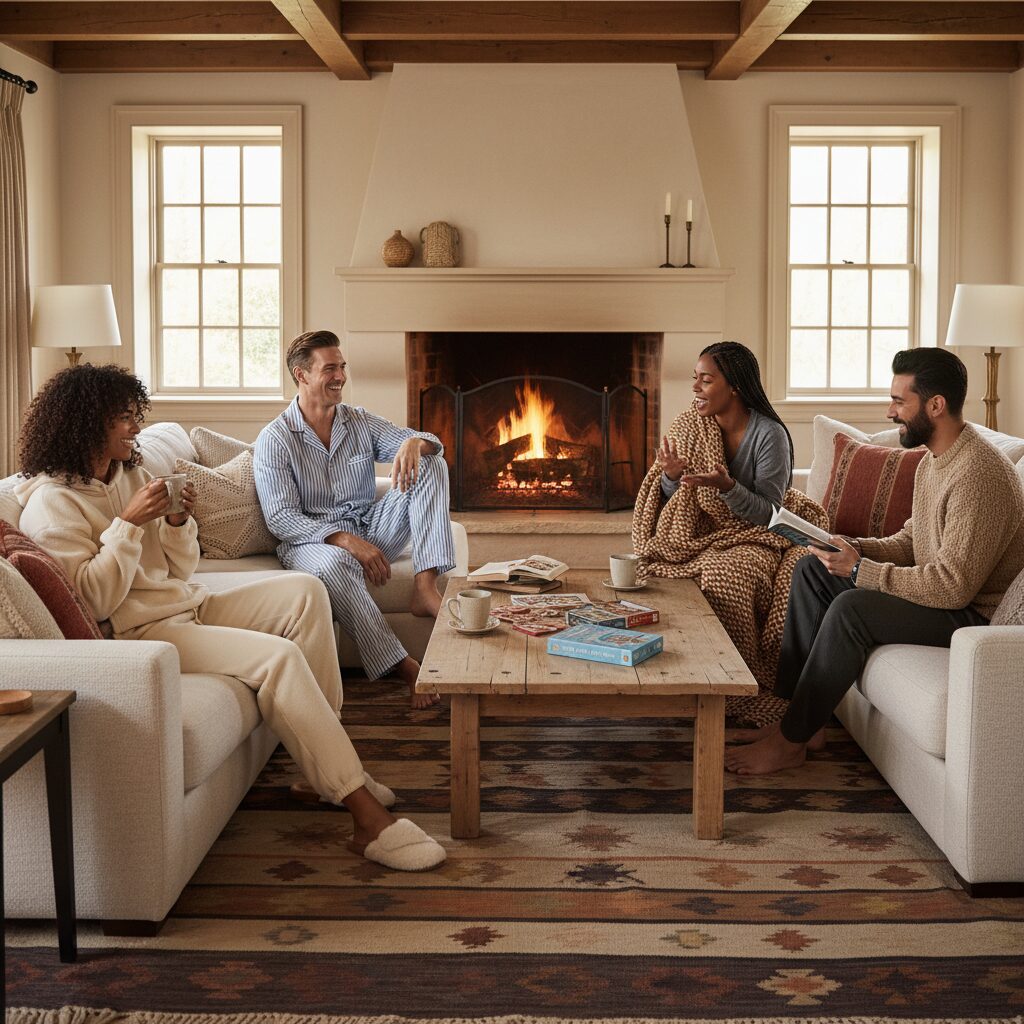 COZY HERITAGEスタイルのリビングで、多様な友人たちが集いリラックスしている様子。フリース素材のルームウェア、ストライプ柄のパジャマ、ニットブランケットを羽織った女性など、思い思いの格好で談笑する温かく魅力的なシーンを捉えた雑誌のような一枚。