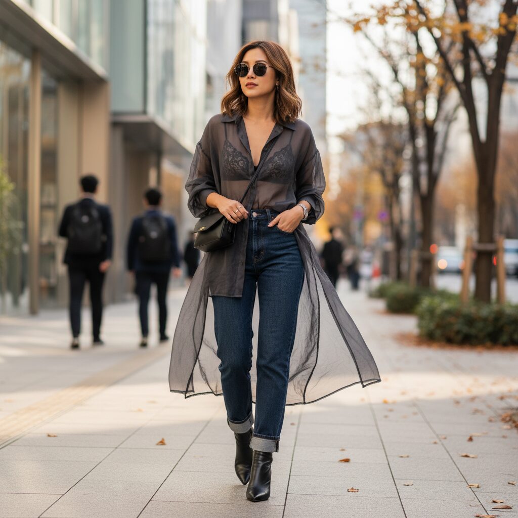 秋の青山、午後の暖かい光の中、チャコールグレーのオーバーサイズシアーシャツから黒いレースのブラレットを繊細に覗かせ、ハイウエストデニムを合わせた20代後半の日本人女性。洗練されたモダンな雰囲気のストリートスナップ風全身写真。