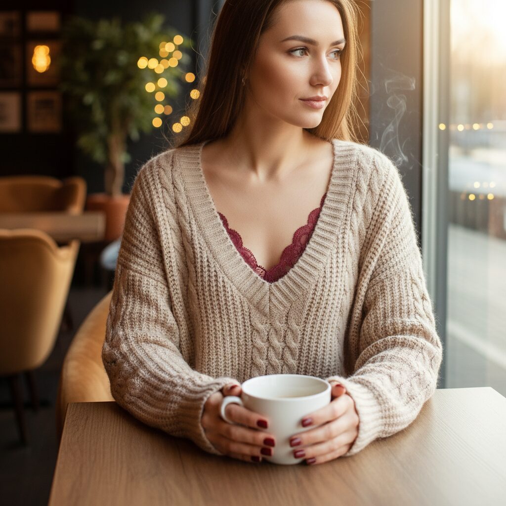 オートミールカラーのざっくりとしたVネックニットの胸元から、バーガンディ色のレースブラが覗いている、おしゃれな女性のクローズアップ写真。温かみのあるカフェの窓際で、ニットとレースの質感が際立っている。