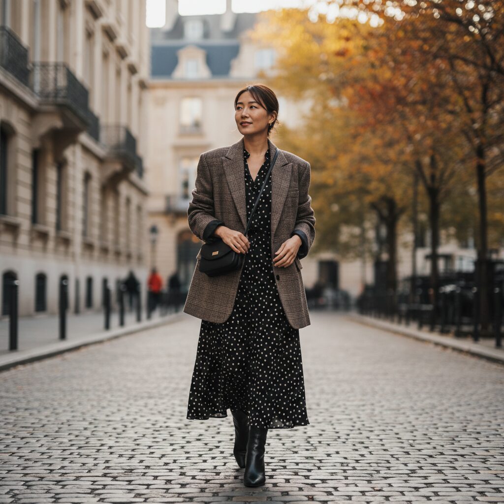 紅葉が美しいヨーロッパの街角を歩く、30代前半のおしゃれな日本人女性。ブラウン系のグレンチェック柄オーバーサイズブレザーに、白黒のポルカドット柄ミディドレスを合わせています。黒のレザーアンクルブーツとシンプルなショルダーバッグを合わせた、プロが撮影したような自然光のストリートスナップ。