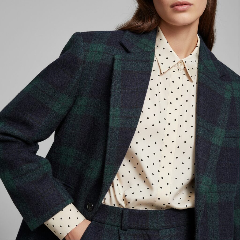 ネイビーとグリーンのタータンチェック柄ウールジャケットに、クリーム色で黒の小さなドット柄シルクブラウスを重ね着した、柄on柄コーディネートのディテールを写したクローズアップ写真。ウールの質感とシルクの滑らかさがはっきりとわかる、プロのファッション撮影。