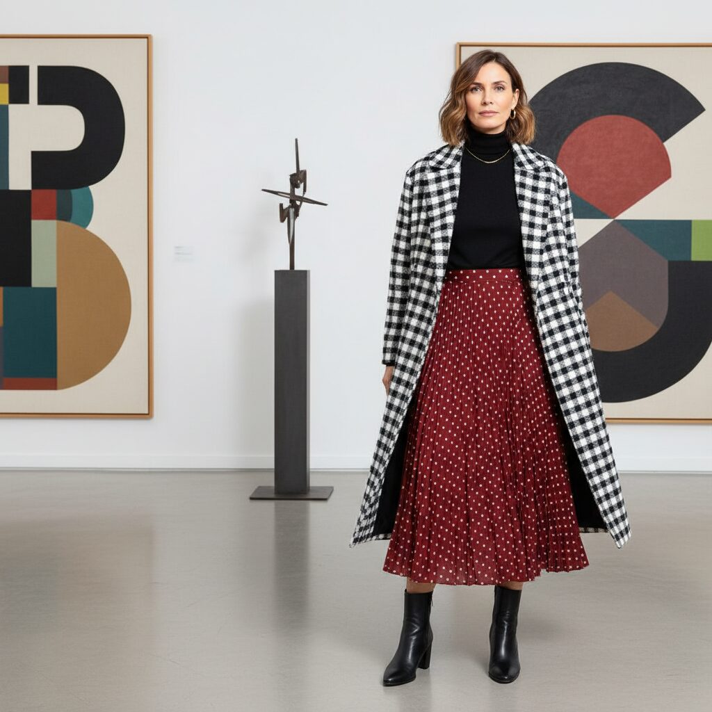 アートギャラリーに佇む40代の女性。白黒の大きなギンガムチェック柄コートに、繊細なドット柄の赤いプリーツスカートを合わせた、洗練された柄on柄スタイル。背景のモダンアートが、彼女のアーティスティックな雰囲気を引き立てています。
