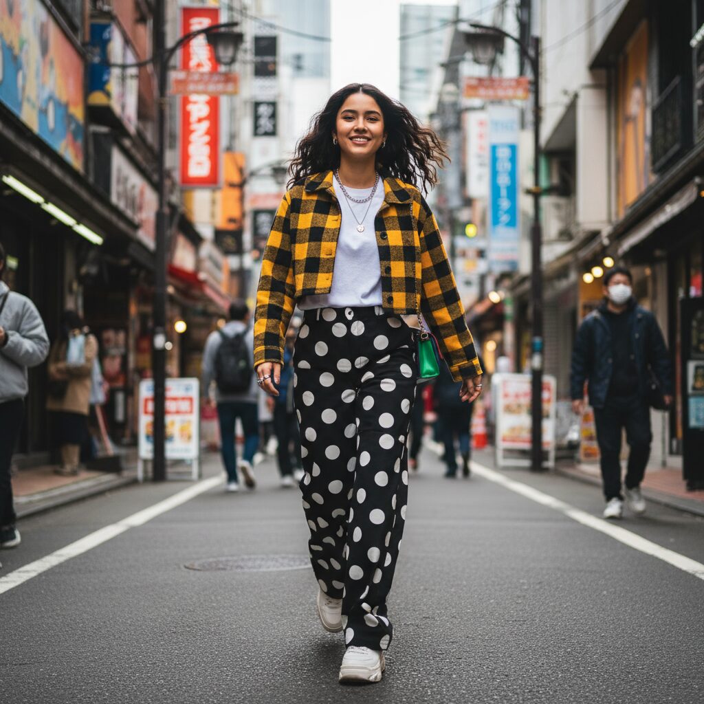 東京のおしゃれな街角で撮影された20代女性のストリートスナップ。黄色と黒のバッファローチェック柄クロップドジャケットに、大きめで不規則な黒いドット柄のワイドパンツを合わせた、大胆で遊び心のあるコーディネート。厚底スニーカーが若々しいエネルギーを感じさせます。