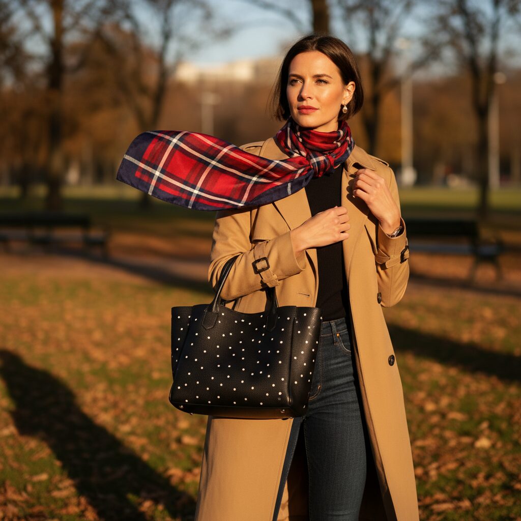 キャメル色のトレンチコートとダークデニム姿の女性が、小物で柄on柄を取り入れている様子。首元には赤とネイビーの大胆なチェック柄シルクスカーフを巻き、手にはさりげない白のドット柄が入った黒のレザートートバッグを持っています。夕暮れ時の公園で撮影された、アクセサリー使いが光る一枚。