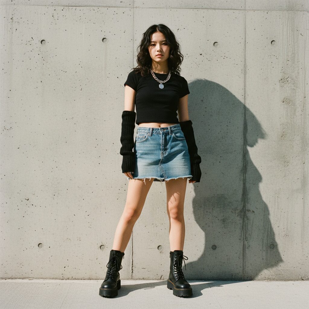 コンクリートの壁を背景にポーズをとる、クールな雰囲気の10代の日本人女性。ローライズのデニムミニスカートにタイトな黒のチビT、厚底ブーツを合わせたY2Kスタイル。アームウォーマーとシルバーのチェーンネックレスがアクセントになっている。