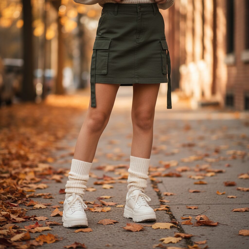 10代女性の足元にフォーカスしたファッション写真。カーキ色のカーゴミニスカートに、白のルーズソックスをくしゅっとさせて履き、厚底スニーカーを合わせている。地面には秋の落ち葉が散らばっており、温かみのある雰囲気。