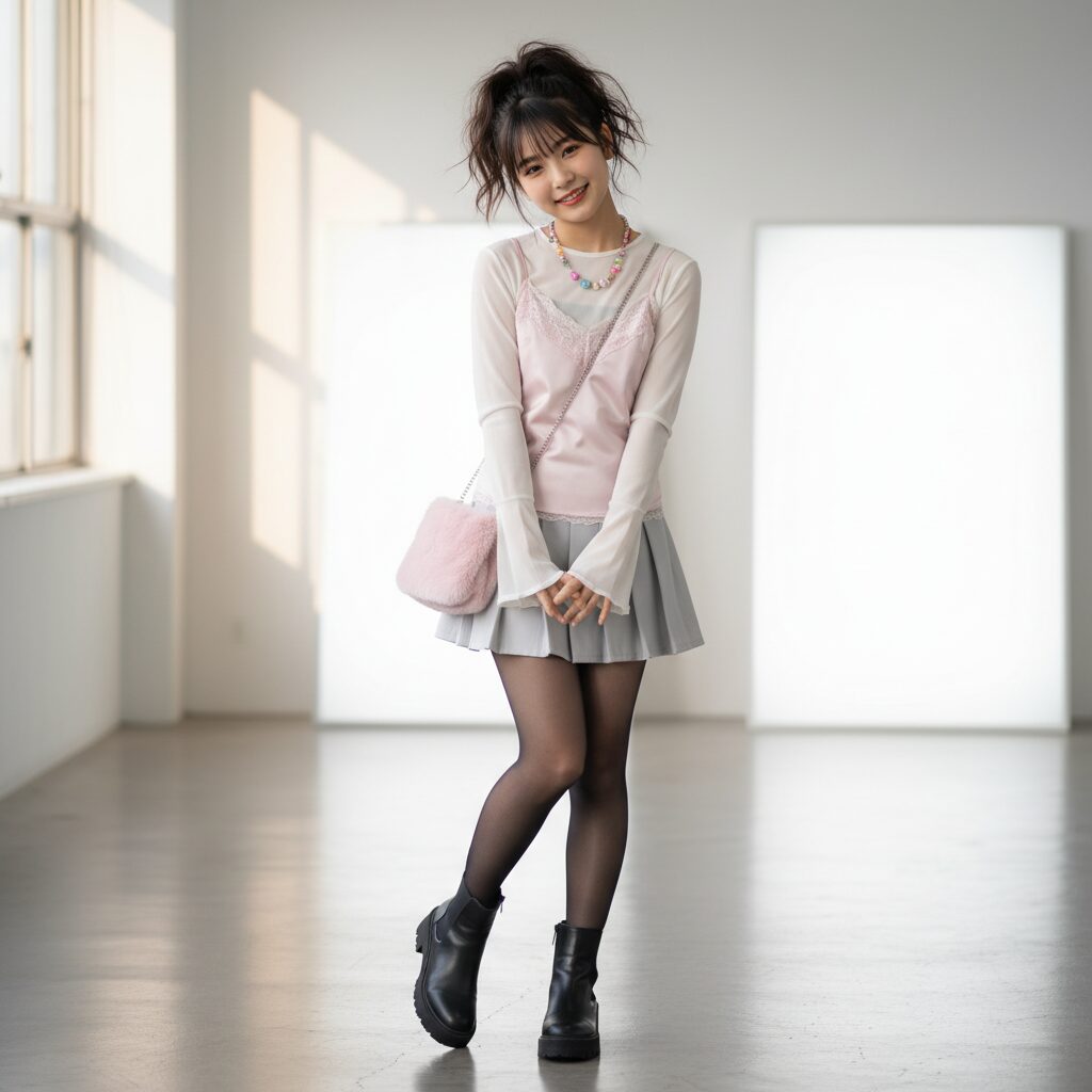 白のメッシュトップスの上にピンクのキャミソールを重ね着し、ライトグレーのプリーツミニスカートを合わせた10代の日本人女性。ビーズネックレスやファー素材のミニショルダーバッグなど、Y2Kらしい小物使いがおしゃれなスタジオ撮影写真。