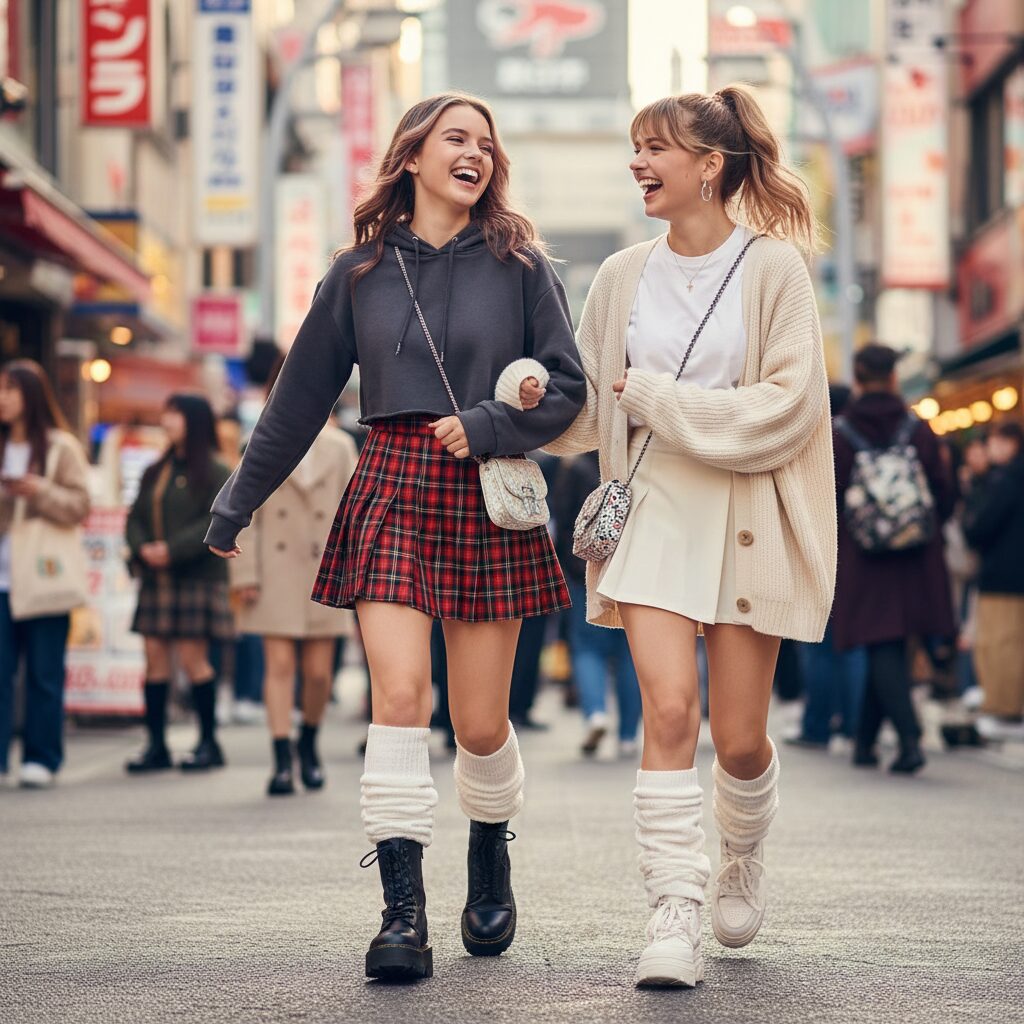 東京のおしゃれな街を歩きながら笑いあう二人の10代女性。一人はチェックのミニスカートにクロップド丈フーディー、もう一人は無地のテニススカートにオーバーサイズのカーディガンを合わせ、二人ともルーズソックスと厚底シューズを履いている。