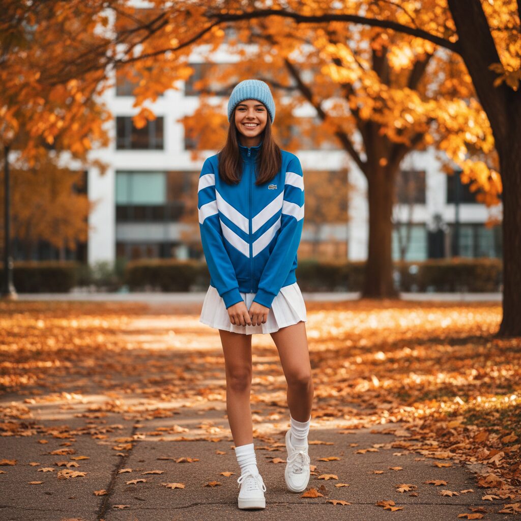 秋晴れの公園で、青と白のトラックジャケットに白のプリーツミニスカートを合わせたスポーティーなY2Kコーデの10代女性。ビーニーを被り、足元はスニーカーとくるぶし丈のソックスで軽快な印象。