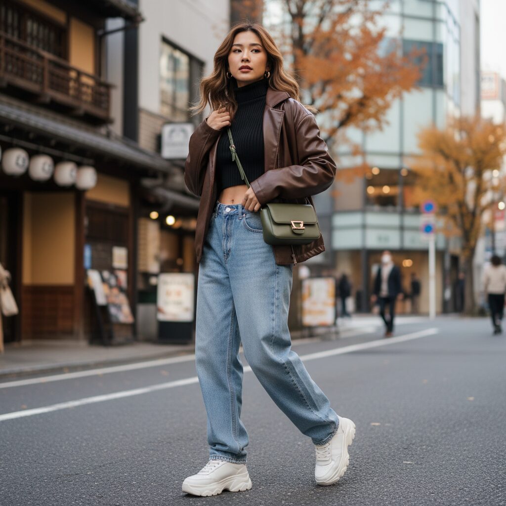 東京の街角で、2025年秋のトレンドファッションに身を包んだ20代の日本人女性。ウォッシュ加工のローライズバギージーンズに、体にフィットする黒のクロップド丈タートルネックセーターを合わせ、オーバーサイズのブラウンのレザージャケットを羽織っている。チャンキーな厚底スニーカーとミニショルダーバッグでY2Kスタイルを完成させた、動きのあるストリートスナップ風の一枚。