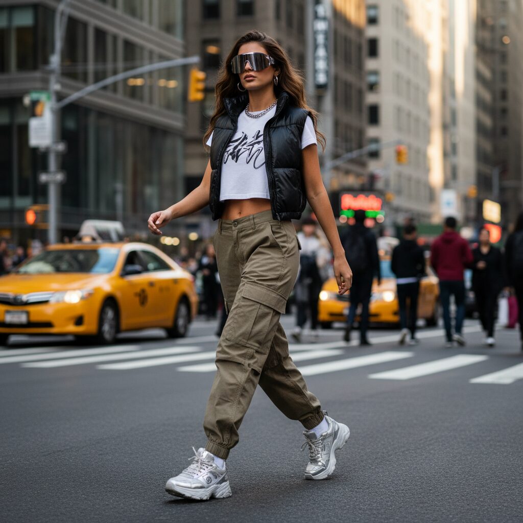 都会のストリートを自信に満ちて歩く20代前半のクールな女性。カーキ色のローライズカーゴパンツに、白のクロップド丈グラフィックTシャツ、そしてショート丈のダウンベストを羽織ったスポーティーなY2Kスタイル。近未来的なシルバースニーカーとシールドサングラスがトレンド感を際立たせている、エネルギッシュな一枚。