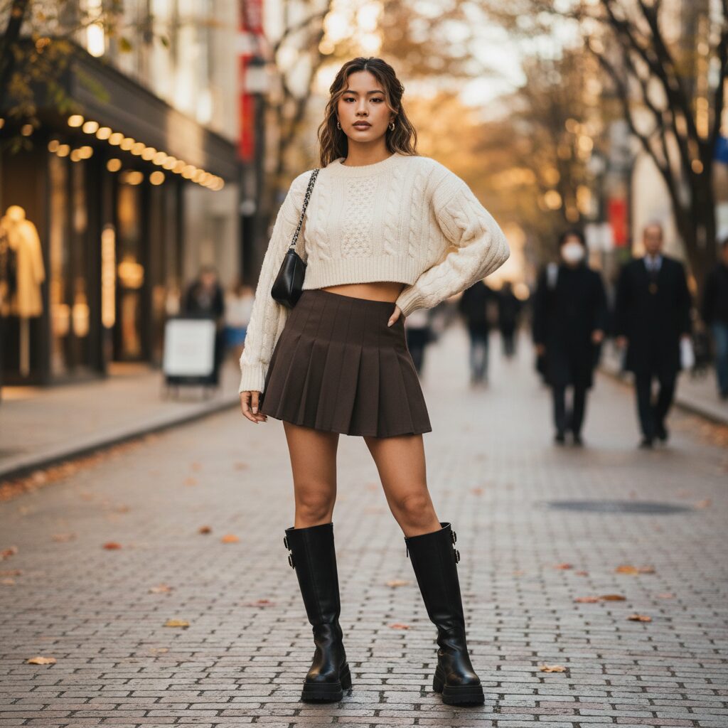 東京のおしゃれな通りでポーズをとる、クリーム色のクロップド丈ニットとダークブラウンのプリーツミニスカート、黒の厚底ロングブーツというY2Kファッションに身を包んだ20代前半の日本人女性。秋の光が美しいストリートスナップ風の一枚。