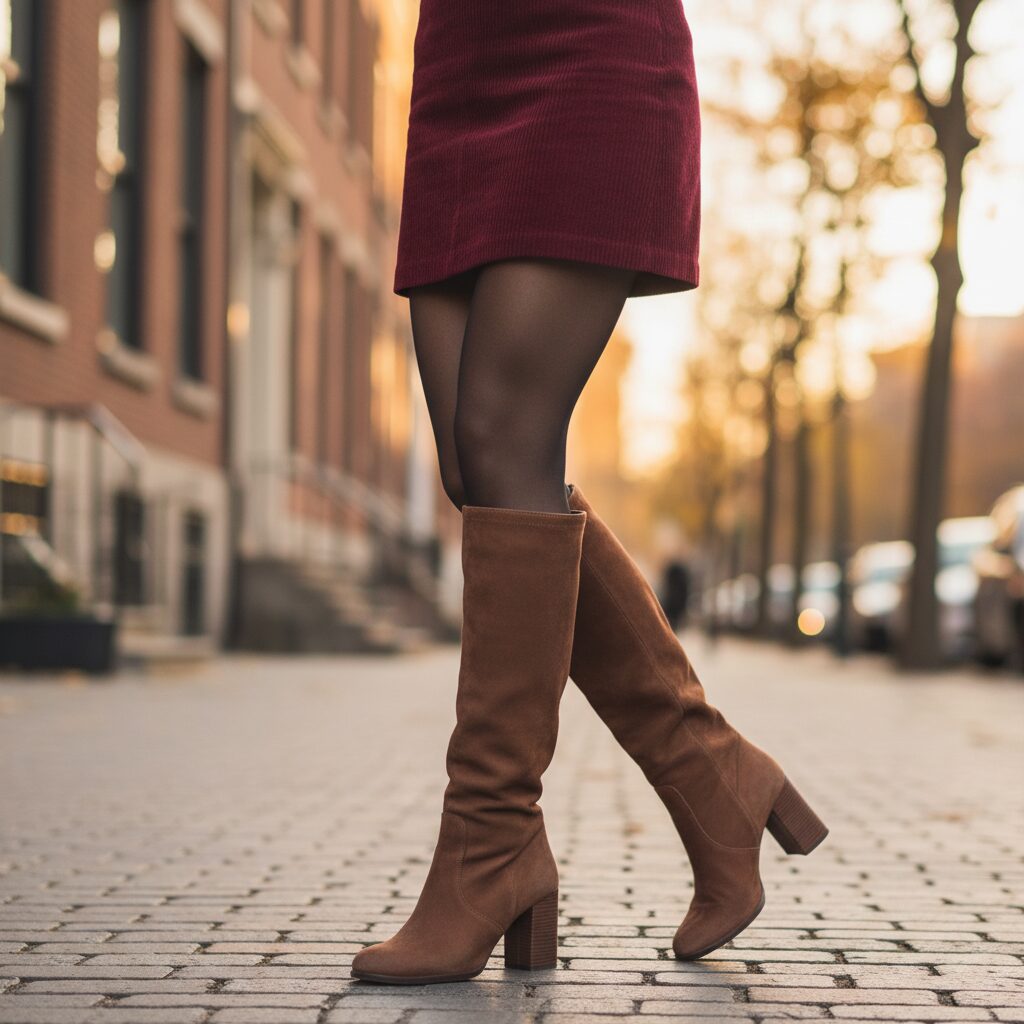 バーガンディ色のコーデュロイミニスカートと、ブラウンスエードのチャンキーヒールロングブーツを合わせた足元のクローズアップ写真。透け感のある黒タイツを着用し、秋の夕暮れ時の温かい光が素材の質感を際立たせている。