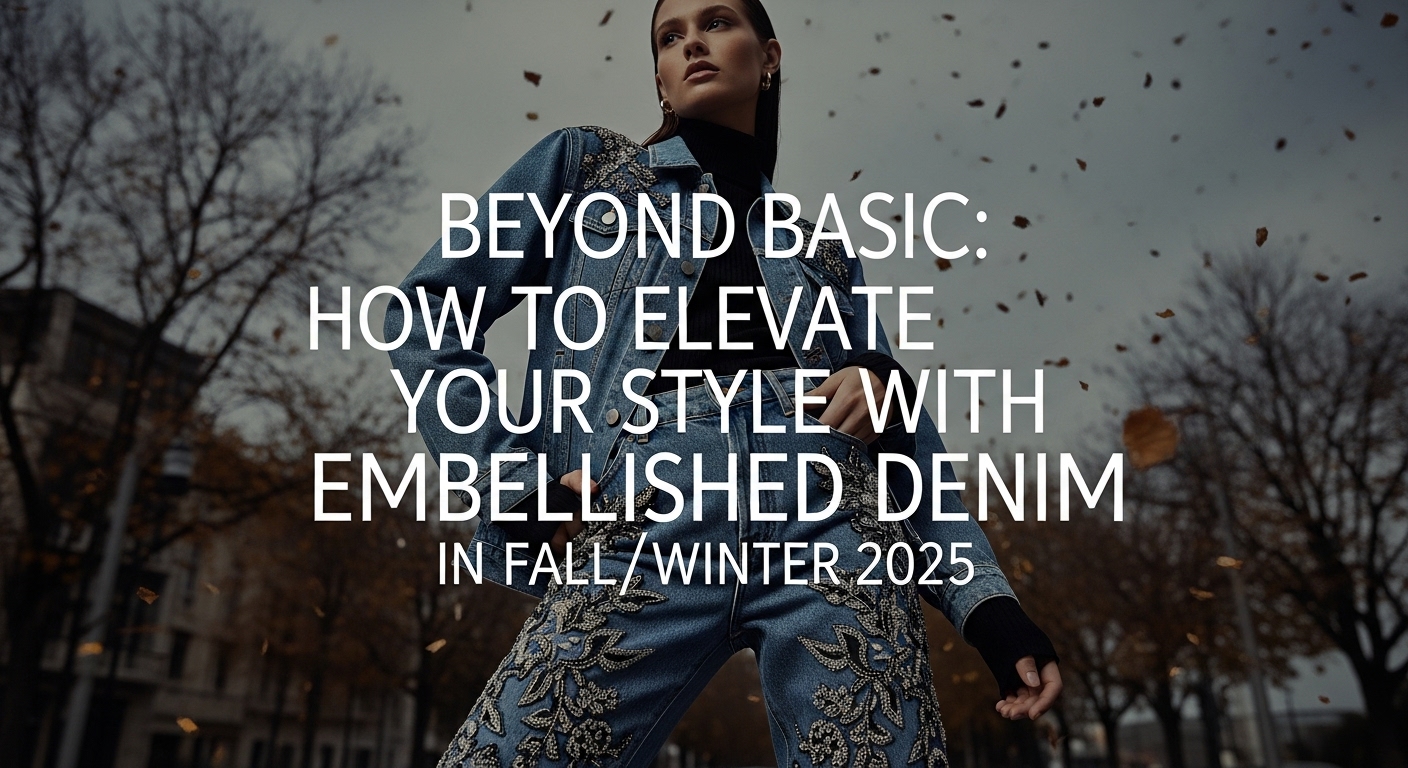 2025年秋冬のトレンドである、パールが飾られた装飾デニムジャケットをスタイリッシュに着こなす女性。