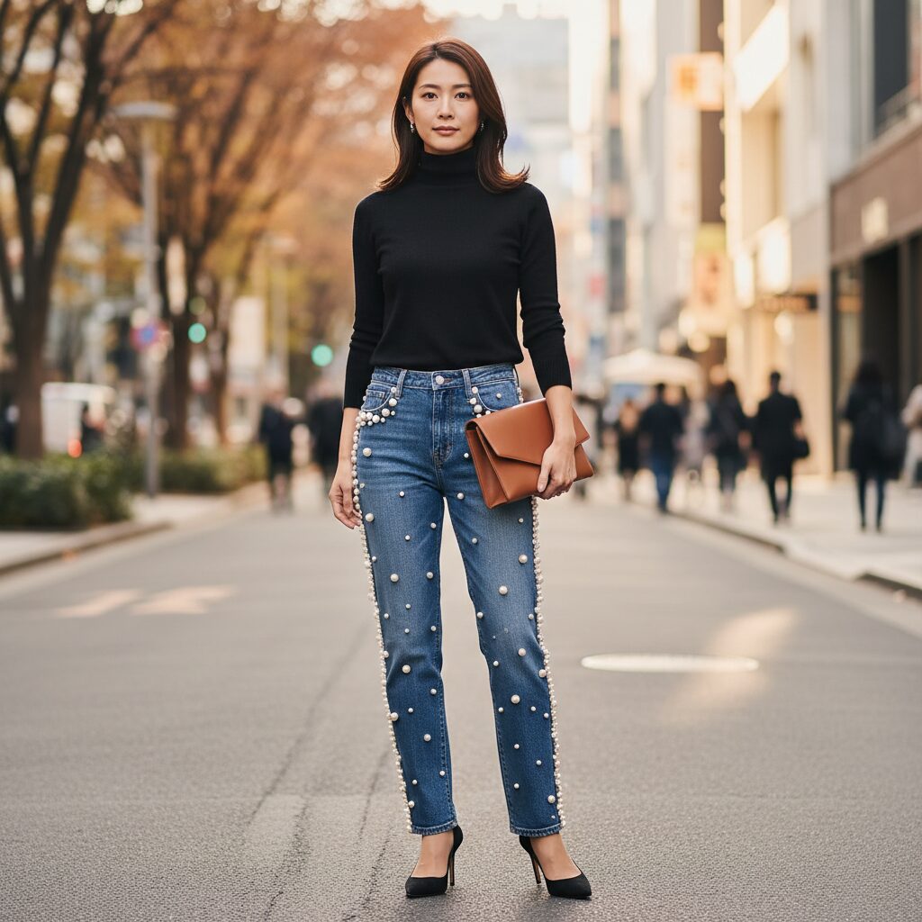 初秋の午後の光が差す東京・表参道の洗練された通りで、パール付きのストレートデニムに黒のカシミアタートルネックを合わせた30代前半の日本人女性。黒のヒールとクラッチバッグを持ち、自信に満ちた表情でポーズをとる、プロのファッション雑誌のような全身ストリートスナップ写真。