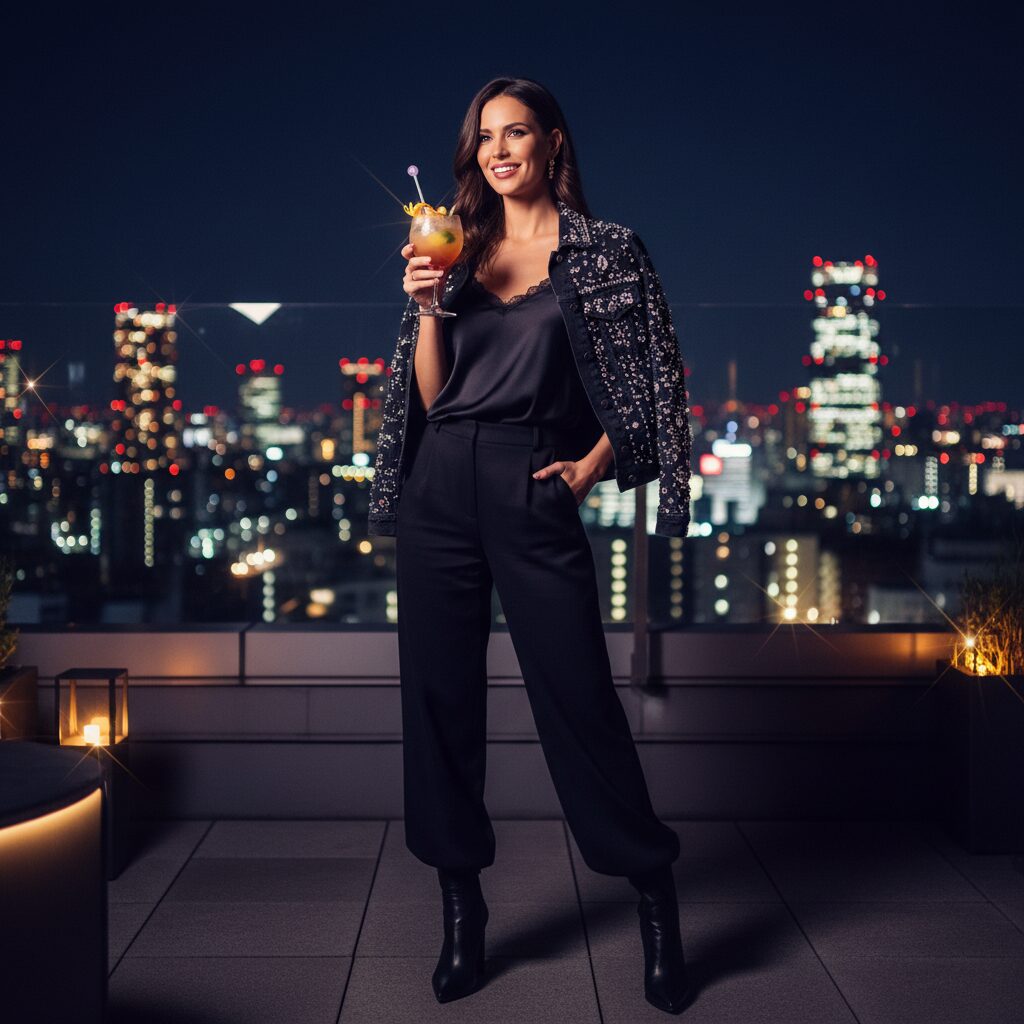 東京の夜景が輝くルーフトップバーで、カクテルを片手に微笑む20代後半の女性。キラキラと輝くラインストーンやクリスタルが飾られたダークデニムのジャケットを、黒のシルクキャミソールの上に羽織っている。ムーディーな照明がおしゃれな、ファッション誌の1ページのような写真。