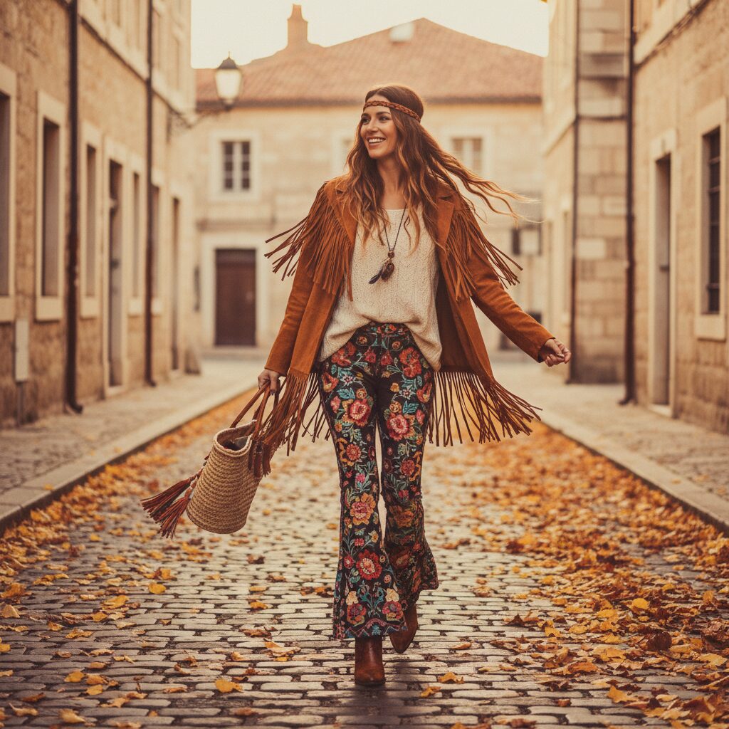 ヨーロッパの趣ある石畳の通りを歩く、ボヘミアンスタイルの女性。花柄の刺繍が施されたフレアデニムに、ブラウンのスエードフリンジジャケットとアンクルブーツを合わせている。地面には落ち葉が舞い、温かみのあるヴィンテージ風フィルターがかかった、動きのあるストリート写真。