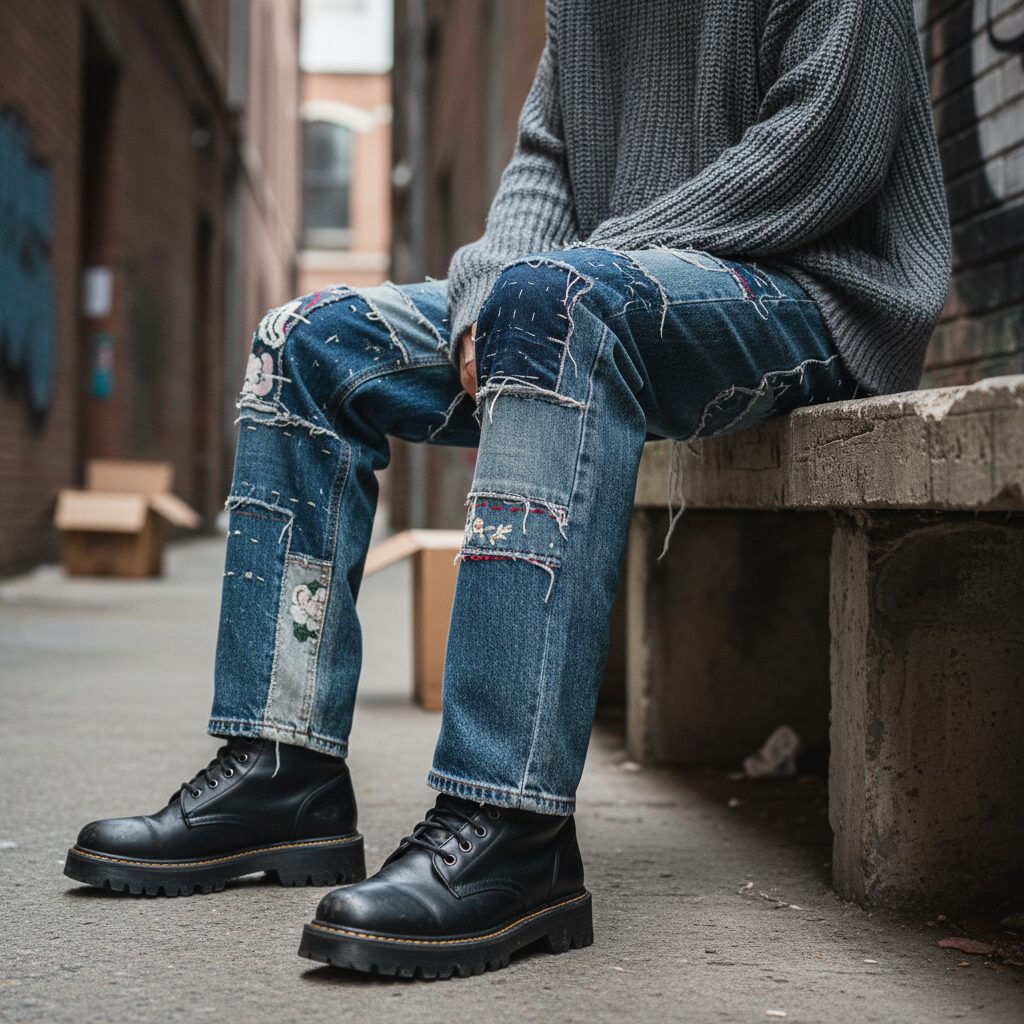 都会の路地裏にあるコンクリートベンチに座る人物の、ダメージ加工とパッチワークが施されたデニムのクローズアップ写真。チャンキーなコンバットブーツとグレーのオーバーサイズニットを着用。デニムの質感とディテールに焦点が当たっており、ざらっとした都会的な雰囲気。